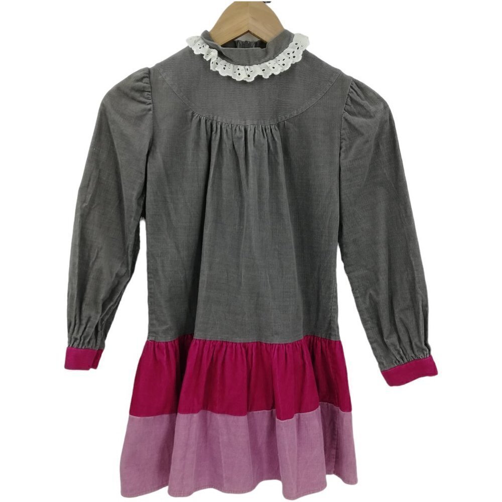 Vintage Corduroy Tiered Ruffle Girls Prairie Dress Size 8 80s Lace Long Sleeve